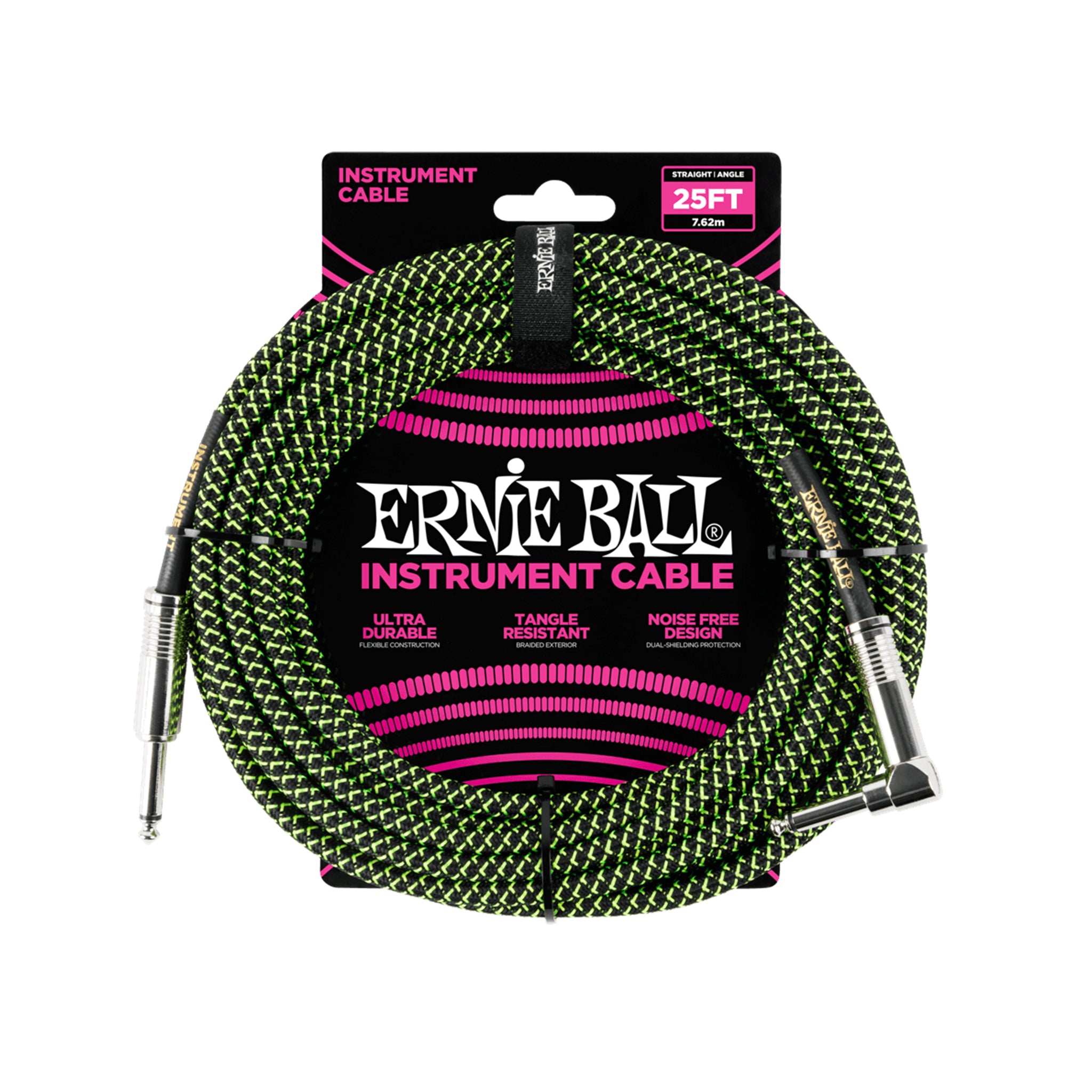 Ernie Ball 25FT Braided Straight to Angle Instrument Cable, Black/Green