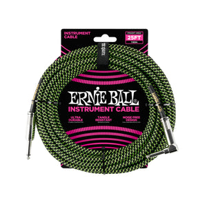 Ernie Ball 25FT Braided Straight to Angle Instrument Cable, Black/Green