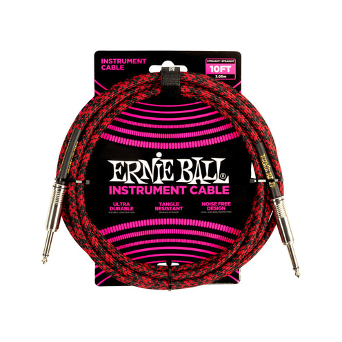Ernie Ball 10ft Braided Straight to Straight Instrument Cable, Red Black