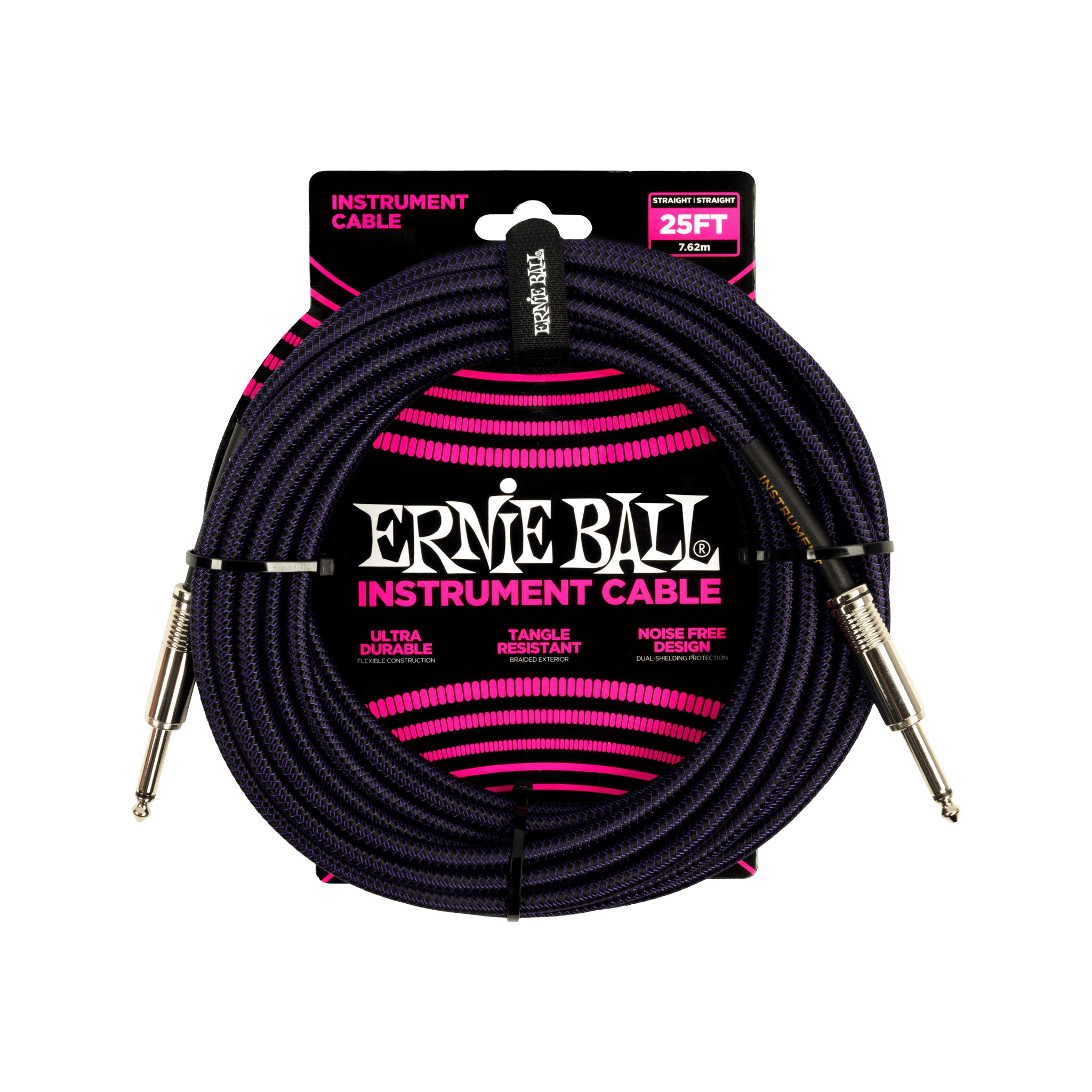 Ernie Ball 25FT Braided Straight to Straight Instrument Cable, Purple Black