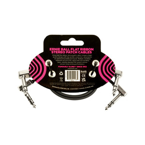 Ernie Ball 12 inch Flat Ribbon Stereo Patch Cable, Black, Pack of 2