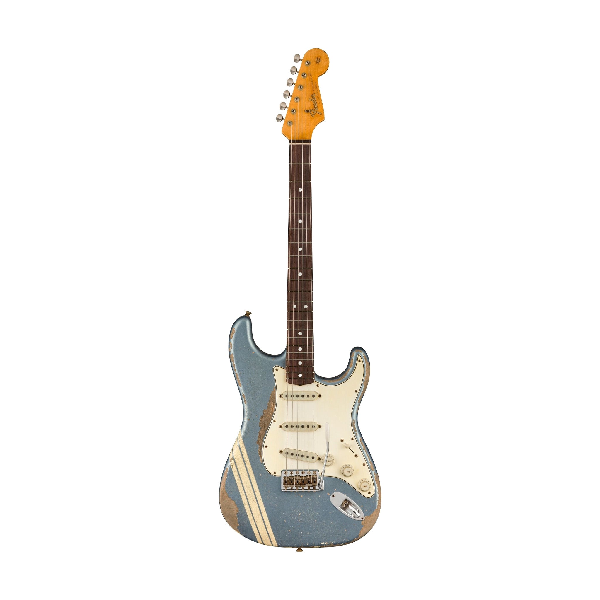 Fender Custom Shop Greg Fessler MB 1965 Stratocaster Relic Solid Body Electric Guitar, Blue Ice Metallic w/ Olympic White Competition Stripes