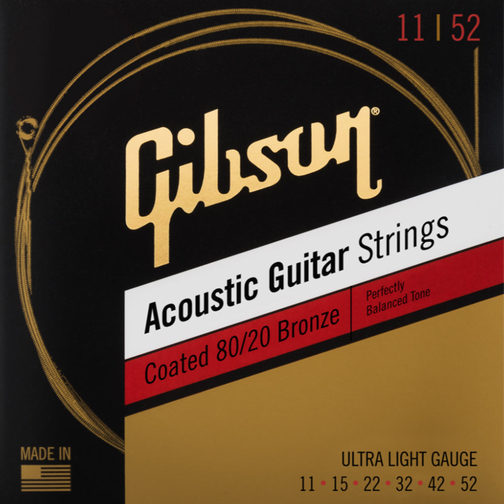 Gibson Coated 80/20 Bronze Acoustic Guitar Strings, Ultra Light, 11-52