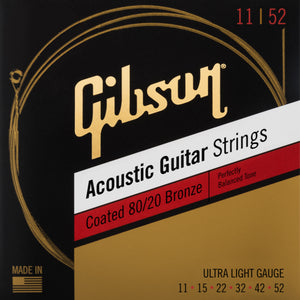 Gibson Coated 80/20 Bronze Acoustic Guitar Strings, Ultra Light, 11-52